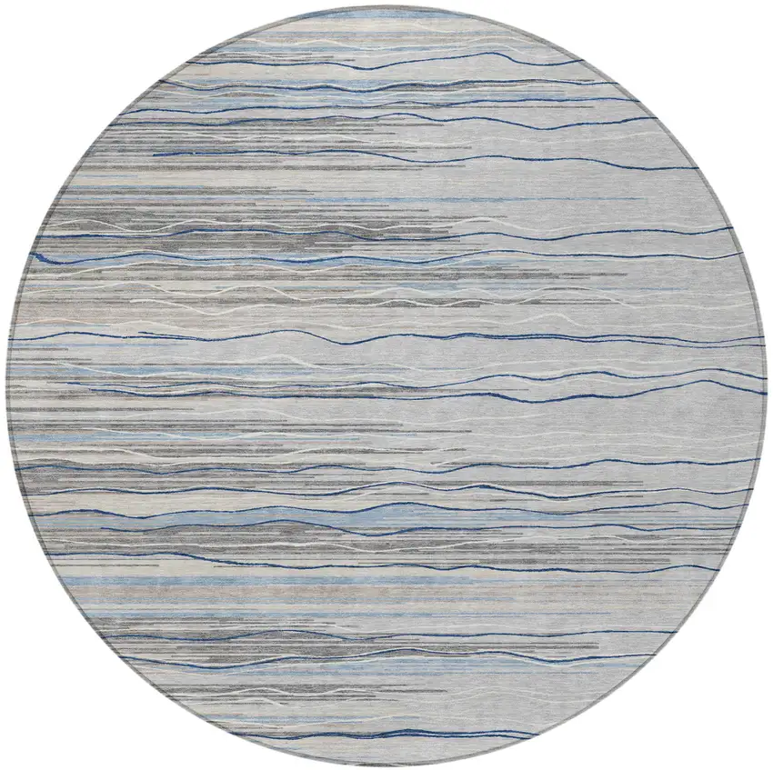 8' Gray Silver And Blue Round Striped Washable Indoor Outdoor Area Rug Photo 4