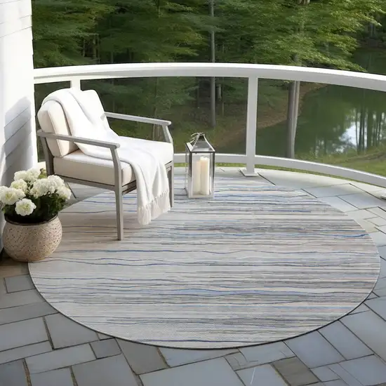 8' Gray Silver And Blue Round Striped Washable Indoor Outdoor Area Rug Photo 5
