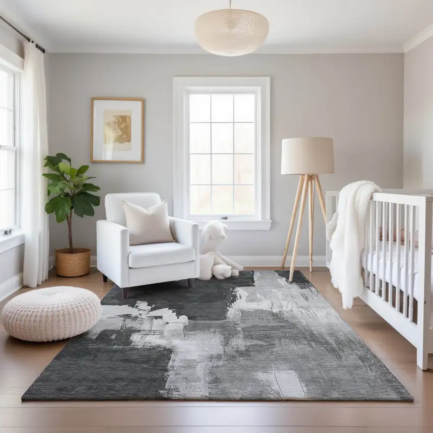 8' Gray Silver And Charcoal Abstract Washable Area Rug With UV Protection Photo 5