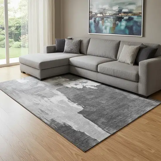8' Gray Silver And Charcoal Abstract Washable Area Rug With UV Protection Photo 2