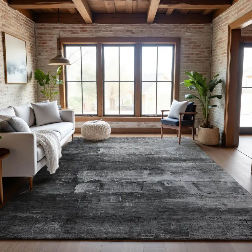 8' Gray Silver And Charcoal Abstract Washable Area Rug With UV Protection Photo 5