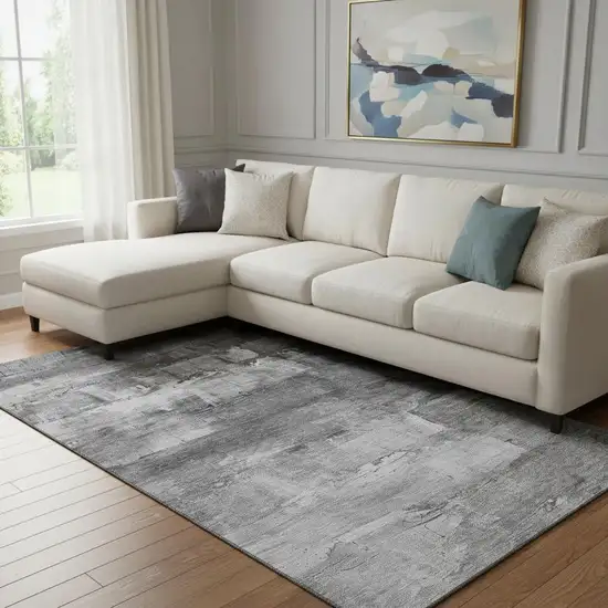 8' Gray Silver And Charcoal Abstract Washable Area Rug With UV Protection Photo 2