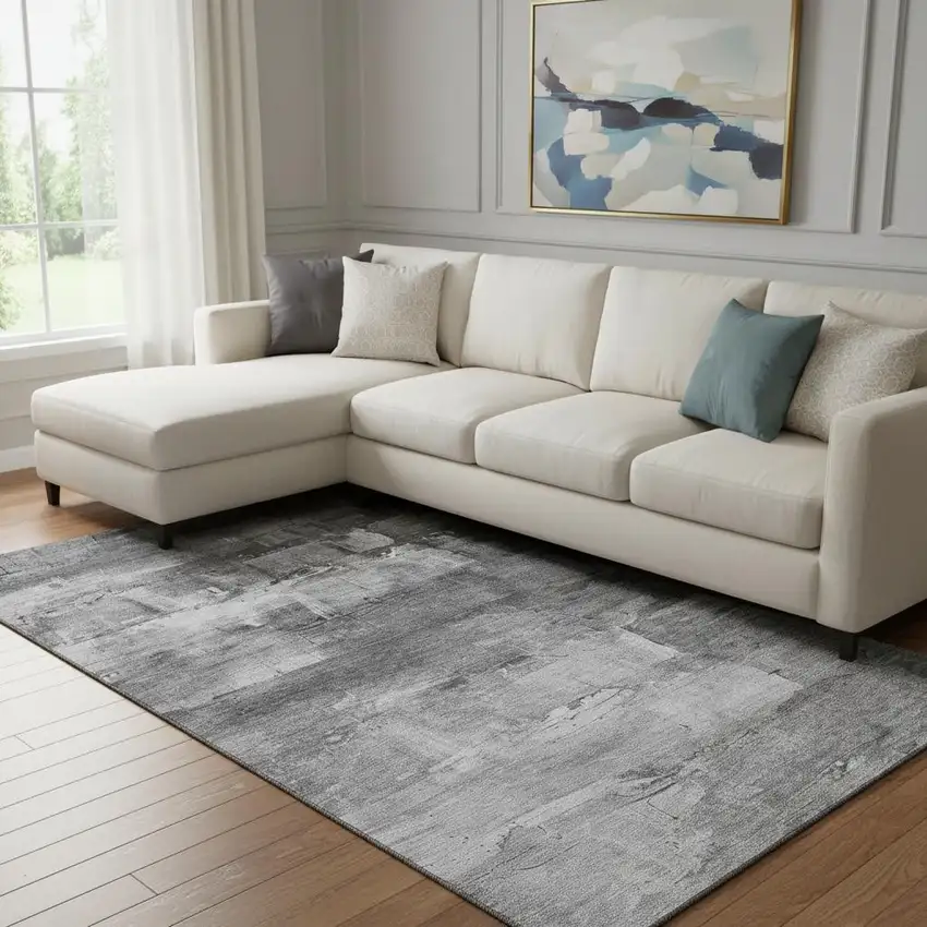 8' Gray Silver And Charcoal Abstract Washable Area Rug With UV Protection Photo 2