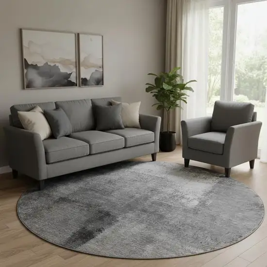 8' Gray Silver And Charcoal Abstract Washable Round Rug With UV Protection Photo 1