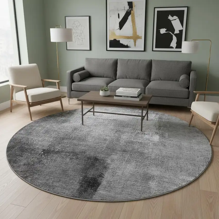 8' Gray Silver And Charcoal Abstract Washable Round Rug With UV Protection Photo 2