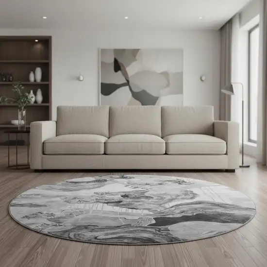 8' Gray Silver And Charcoal Abstract Washable Round Rug With UV Protection Photo 2