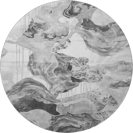 8' Gray Silver And Charcoal Abstract Washable Round Rug With UV Protection Photo 2