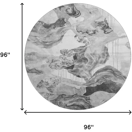 8' Gray Silver And Charcoal Abstract Washable Round Rug With UV Protection Photo 8