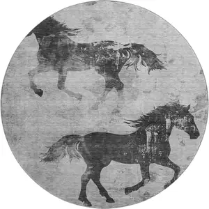 Photo of 8' Gray Silver And Charcoal Animal Print Washable Round Rug With UV Protection