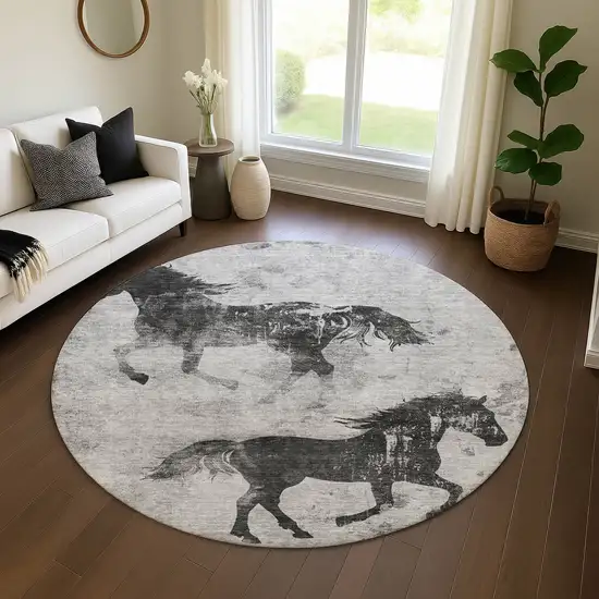8' Gray Silver And Charcoal Animal Print Washable Round Rug With UV Protection Photo 4