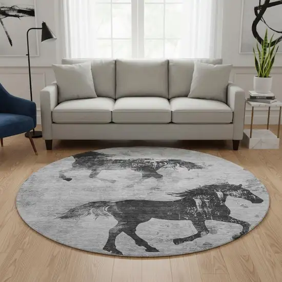 8' Gray Silver And Charcoal Animal Print Washable Round Rug With UV Protection Photo 2