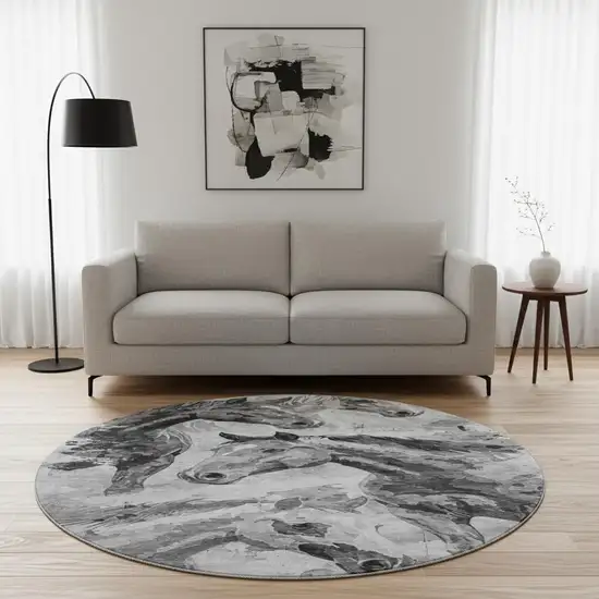 8' Gray Silver And Charcoal Animal Print Washable Round Rug With UV Protection Photo 2