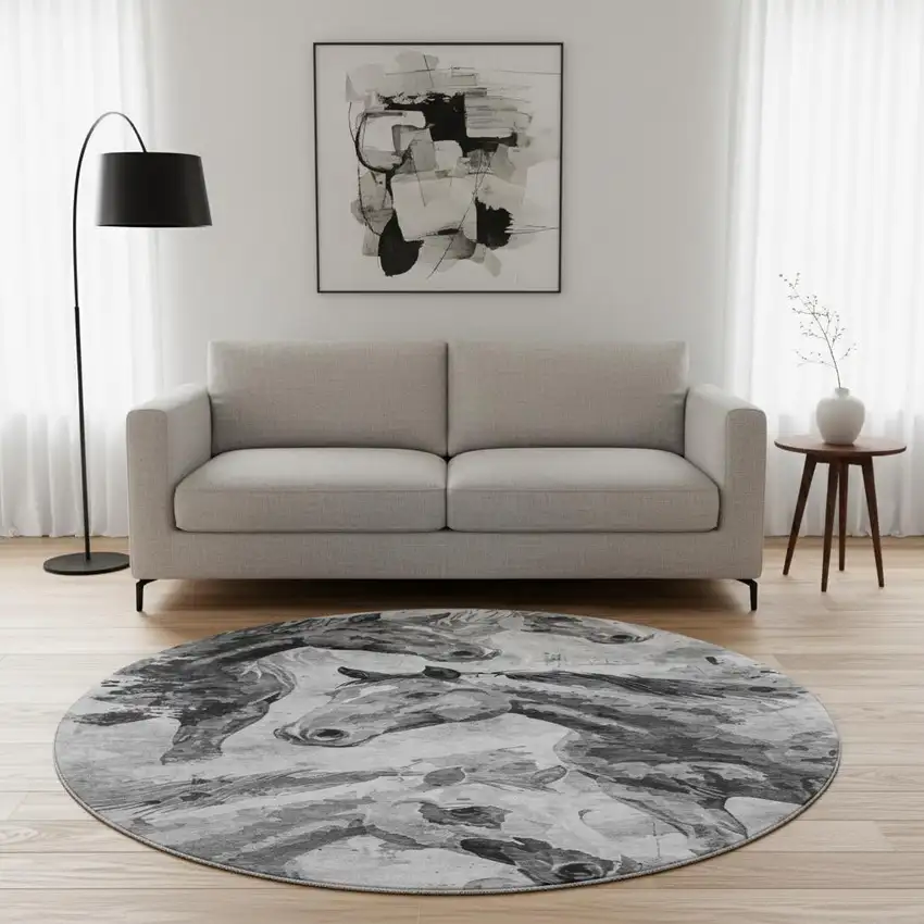 8' Gray Silver And Charcoal Animal Print Washable Round Rug With UV Protection Photo 2
