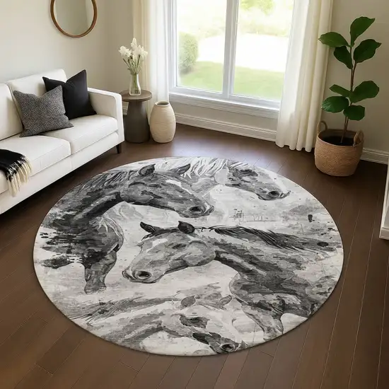 8' Gray Silver And Charcoal Animal Print Washable Round Rug With UV Protection Photo 4