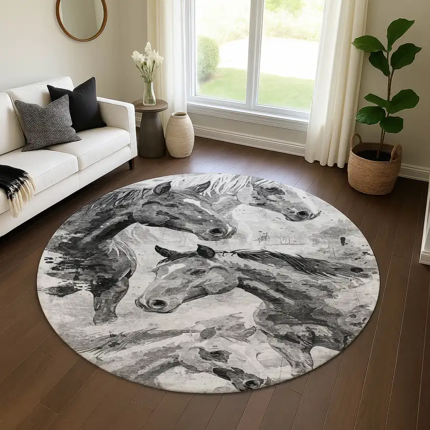 8' Gray Silver And Charcoal Animal Print Washable Round Rug With UV Protection Photo 4