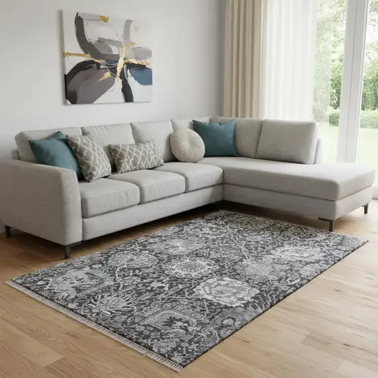 8' Gray Silver And Charcoal Damask Washable Area Rug With UV Protection Photo 2