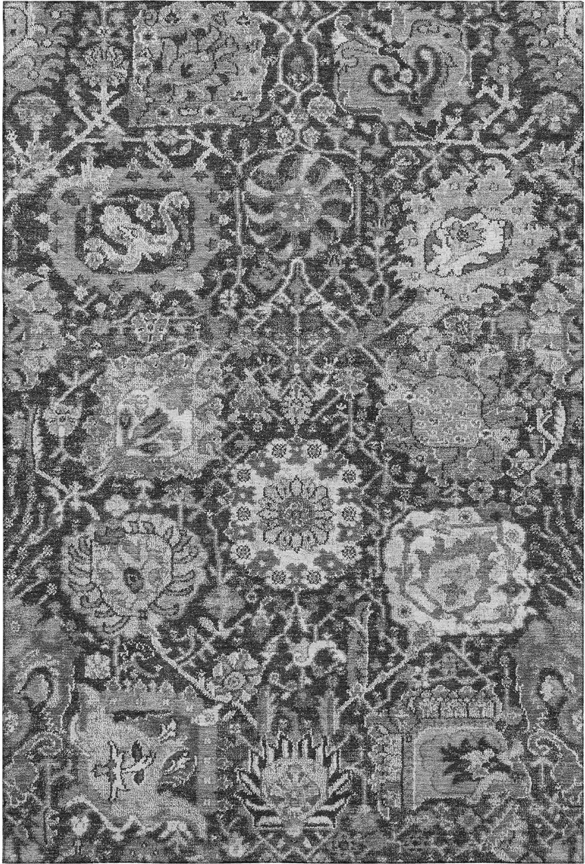 8' Gray Silver And Charcoal Damask Washable Area Rug With UV Protection Photo 1