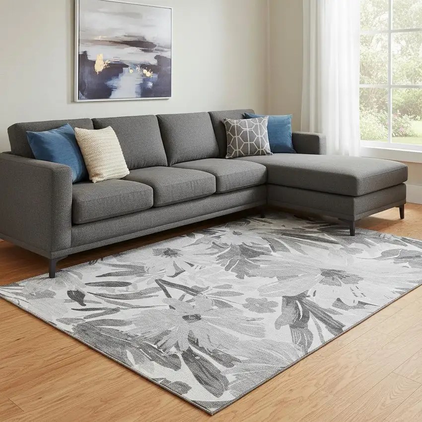 8' Gray Silver And Charcoal Floral Washable Area Rug With UV Protection Photo 2