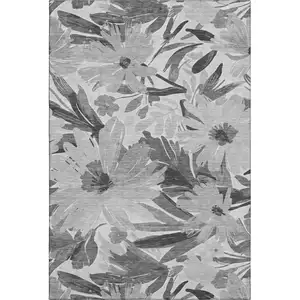 Photo of 8' Gray Silver And Charcoal Floral Washable Area Rug With UV Protection