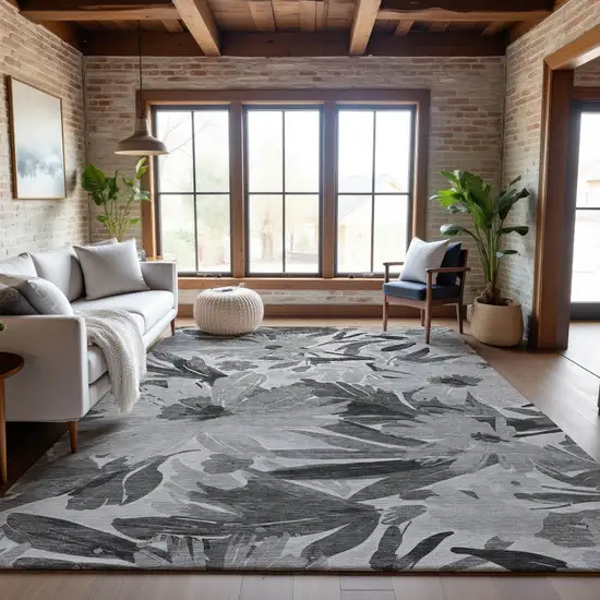 8' Gray Silver And Charcoal Floral Washable Area Rug With UV Protection Photo 5