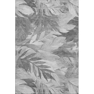 Photo of 8' Gray Silver And Charcoal Floral Washable Area Rug With UV Protection