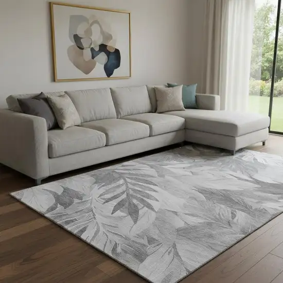 8' Gray Silver And Charcoal Floral Washable Area Rug With UV Protection Photo 2