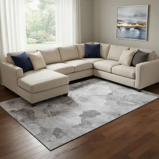 8' Gray Silver And Charcoal Floral Washable Area Rug With UV Protection Photo 2