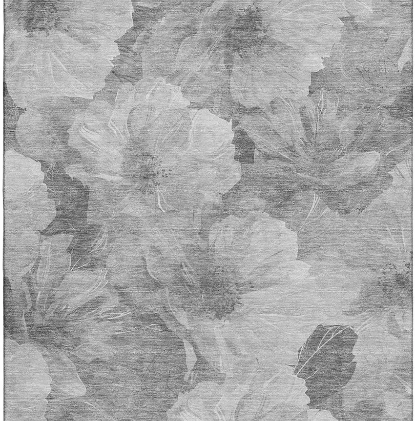 8' Gray Silver And Charcoal Floral Washable Area Rug With UV Protection Photo 3