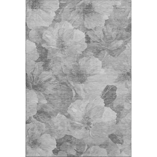 8' Gray Silver And Charcoal Floral Washable Area Rug With UV Protection Photo 1