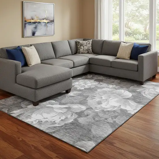 8' Gray Silver And Charcoal Floral Washable Area Rug With UV Protection Photo 2