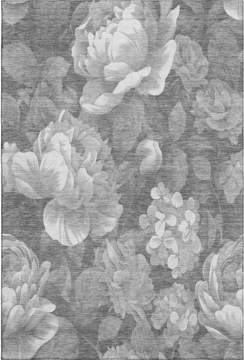 8' Gray Silver And Charcoal Floral Washable Area Rug With UV Protection Photo 1