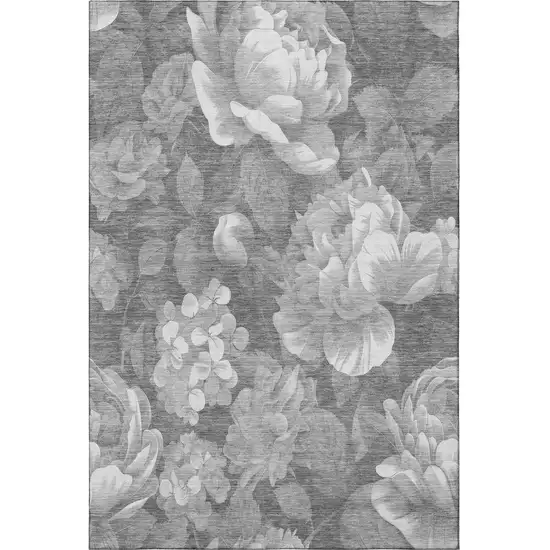 8' Gray Silver And Charcoal Floral Washable Area Rug With UV Protection Photo 3