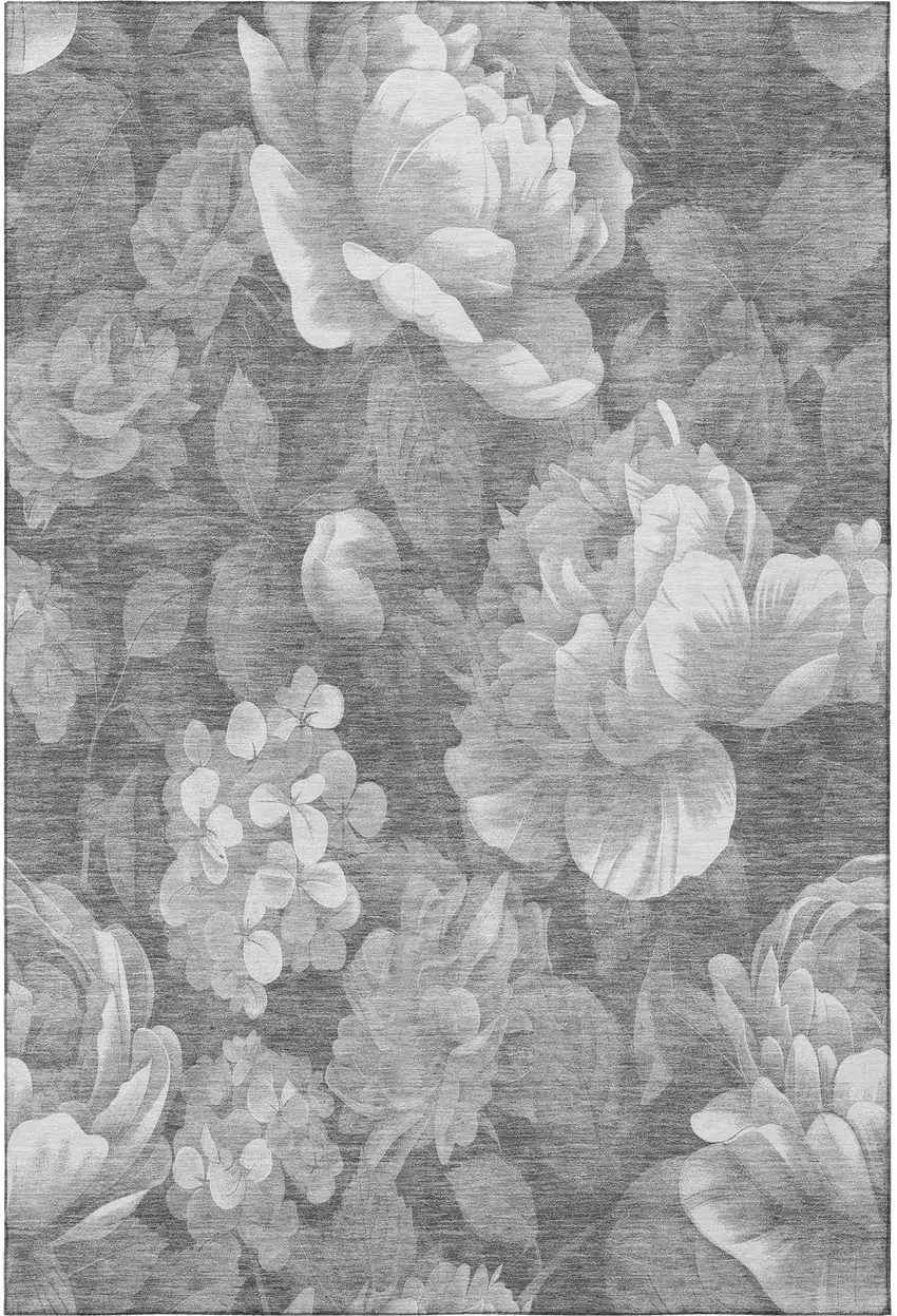 8' Gray Silver And Charcoal Floral Washable Area Rug With UV Protection Photo 3