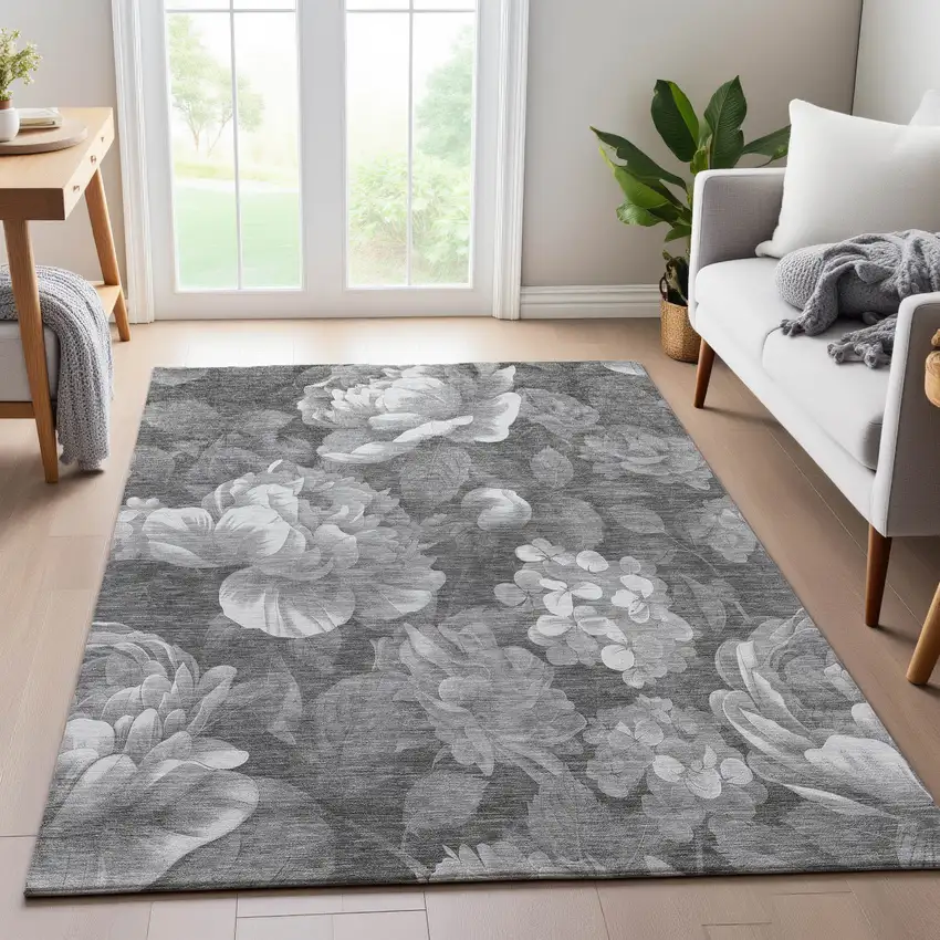 8' Gray Silver And Charcoal Floral Washable Area Rug With UV Protection Photo 6