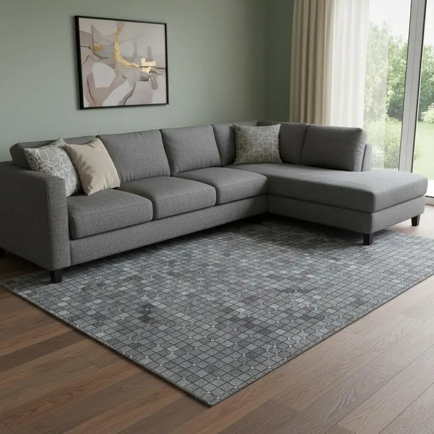 8' Gray Silver And Charcoal Geometric Washable Area Rug With UV Protection Photo 2