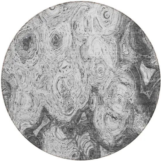 8' Gray Silver And Charcoal Round Abstract Washable Indoor Outdoor Area Rug Photo 2