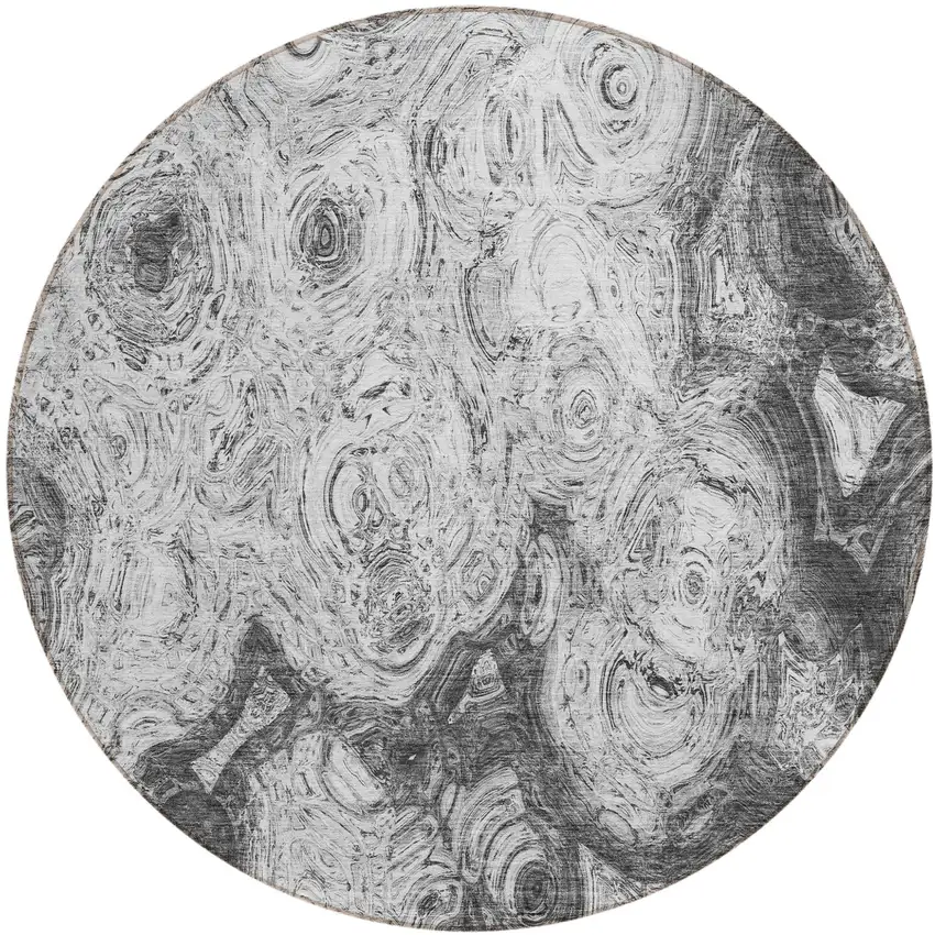 8' Gray Silver And Charcoal Round Abstract Washable Indoor Outdoor Area Rug Photo 2