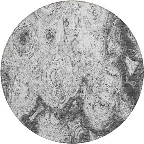 8' Gray Silver And Charcoal Round Abstract Washable Indoor Outdoor Area Rug Photo 2