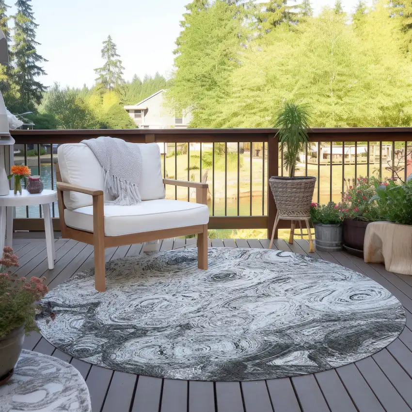 8' Gray Silver And Charcoal Round Abstract Washable Indoor Outdoor Area Rug Photo 5