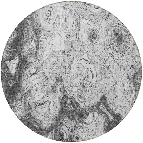 8' Gray Silver And Charcoal Round Abstract Washable Indoor Outdoor Area Rug Photo 4