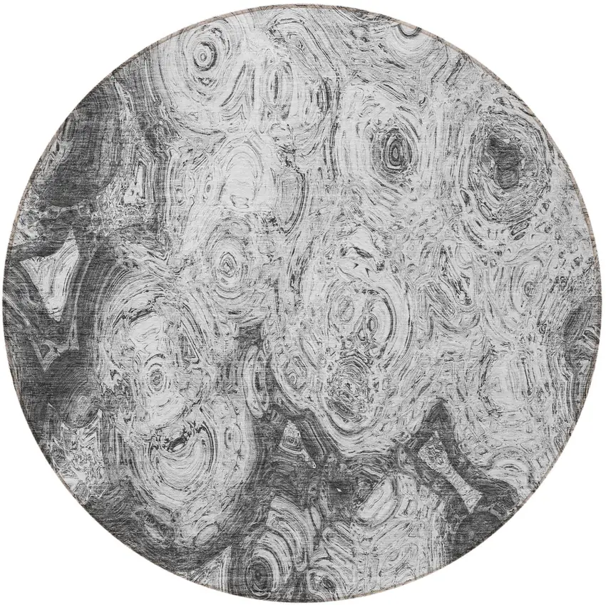 8' Gray Silver And Charcoal Round Abstract Washable Indoor Outdoor Area Rug Photo 4