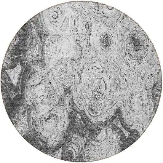 8' Gray Silver And Charcoal Round Abstract Washable Indoor Outdoor Area Rug Photo 4