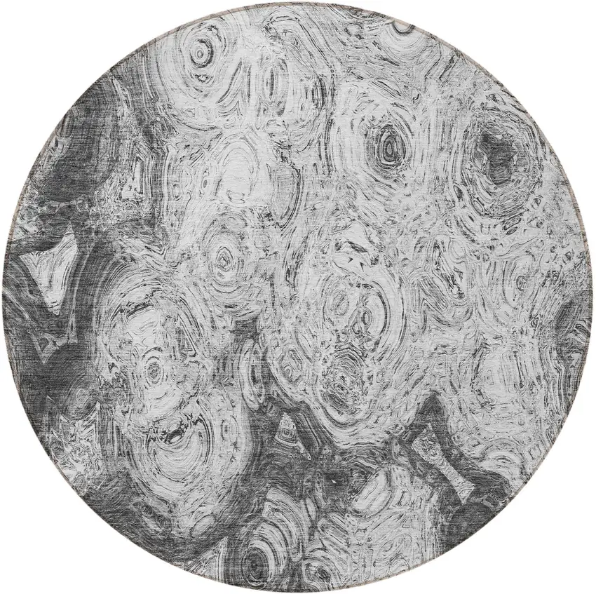 8' Gray Silver And Charcoal Round Abstract Washable Indoor Outdoor Area Rug Photo 4