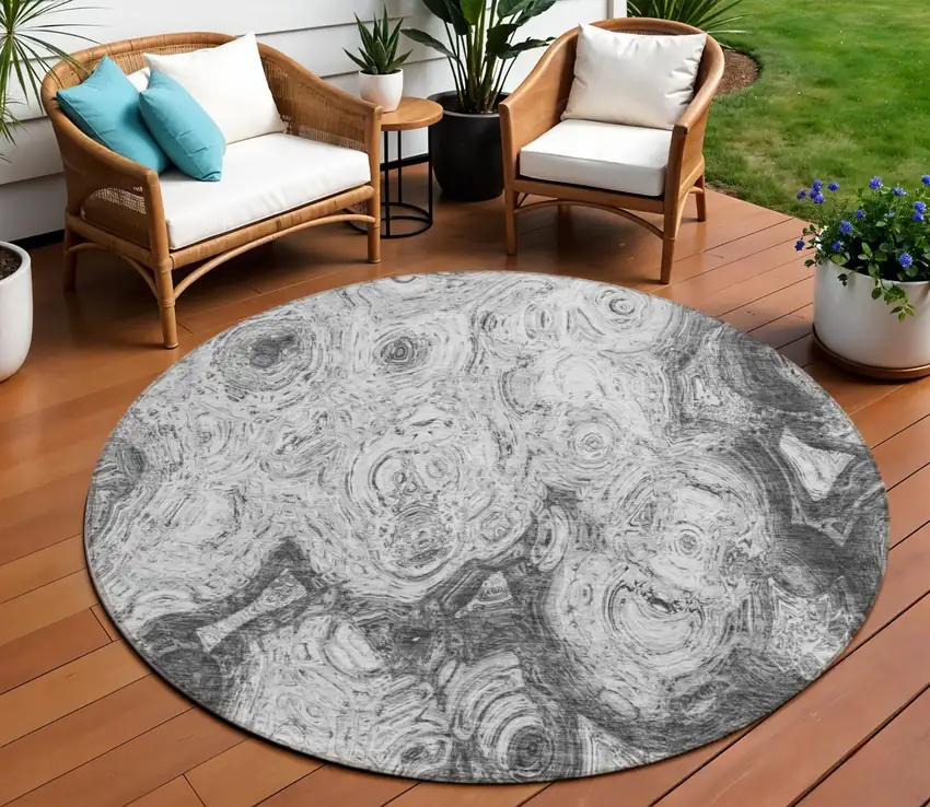 8' Gray Silver And Charcoal Round Abstract Washable Indoor Outdoor Area Rug Photo 1