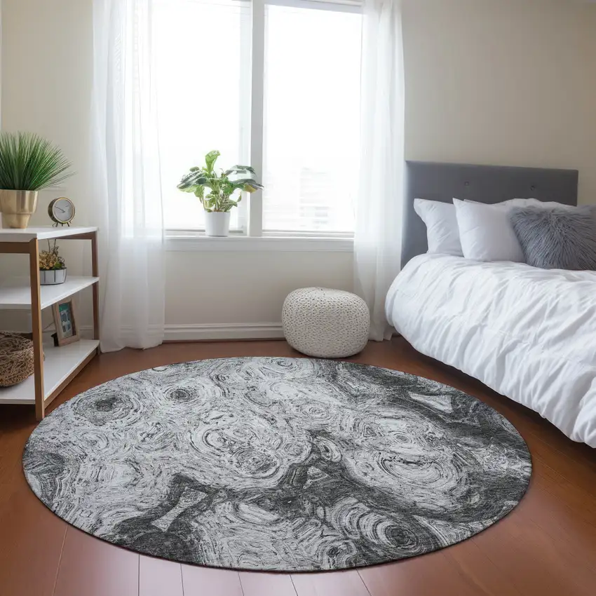8' Gray Silver And Charcoal Round Abstract Washable Indoor Outdoor Area Rug Photo 6