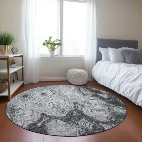 8' Gray Silver And Charcoal Round Abstract Washable Indoor Outdoor Area Rug Photo 6