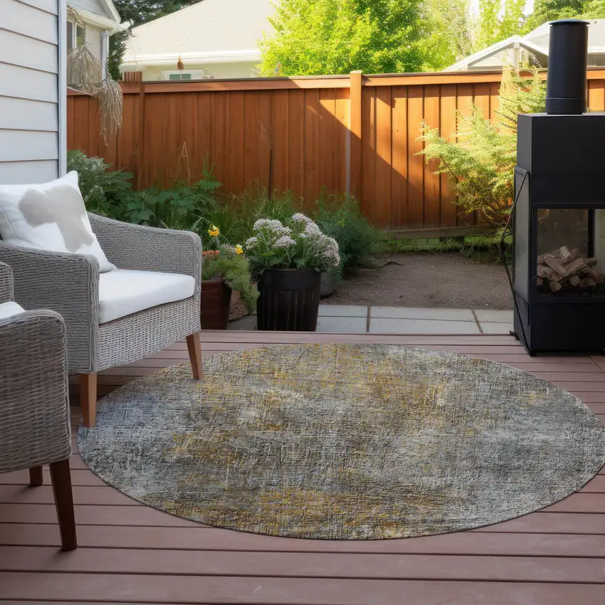 8' Gray Silver And Charcoal Round Abstract Washable Indoor Outdoor Area Rug Photo 4