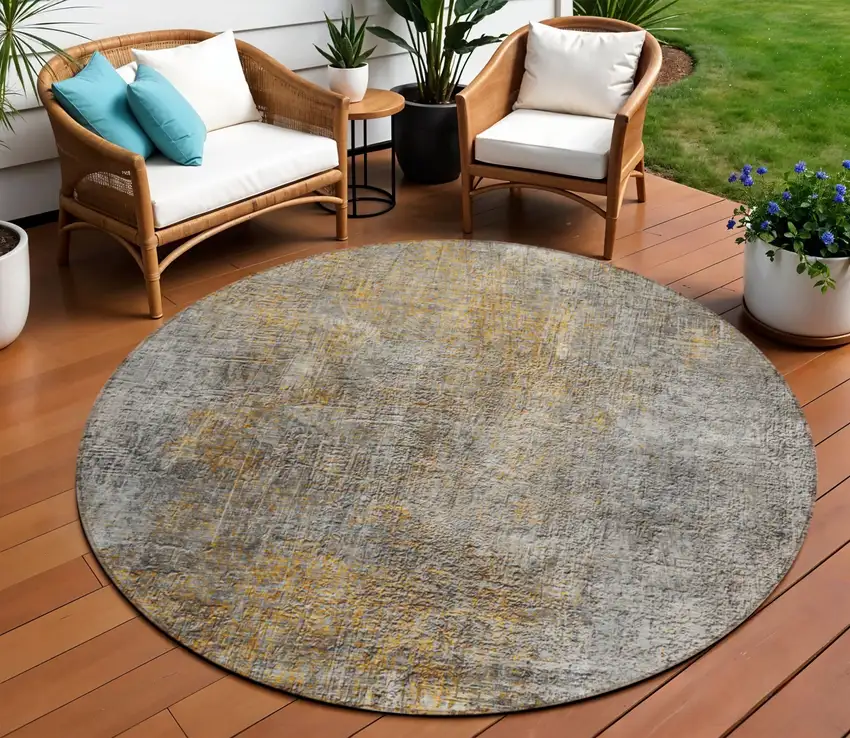 8' Gray Silver And Charcoal Round Abstract Washable Indoor Outdoor Area Rug Photo 1