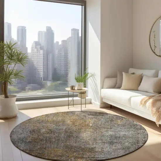 8' Gray Silver And Charcoal Round Abstract Washable Indoor Outdoor Area Rug Photo 5