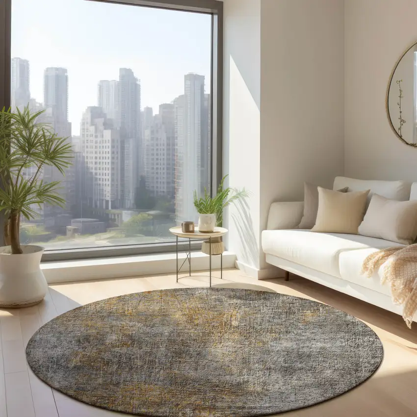 8' Gray Silver And Charcoal Round Abstract Washable Indoor Outdoor Area Rug Photo 5